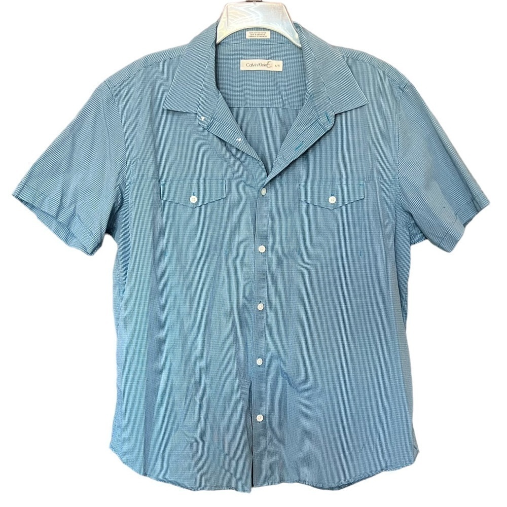 Calvin Klein Men's Size Xlarge Blue White Short Sleeve Button Up
